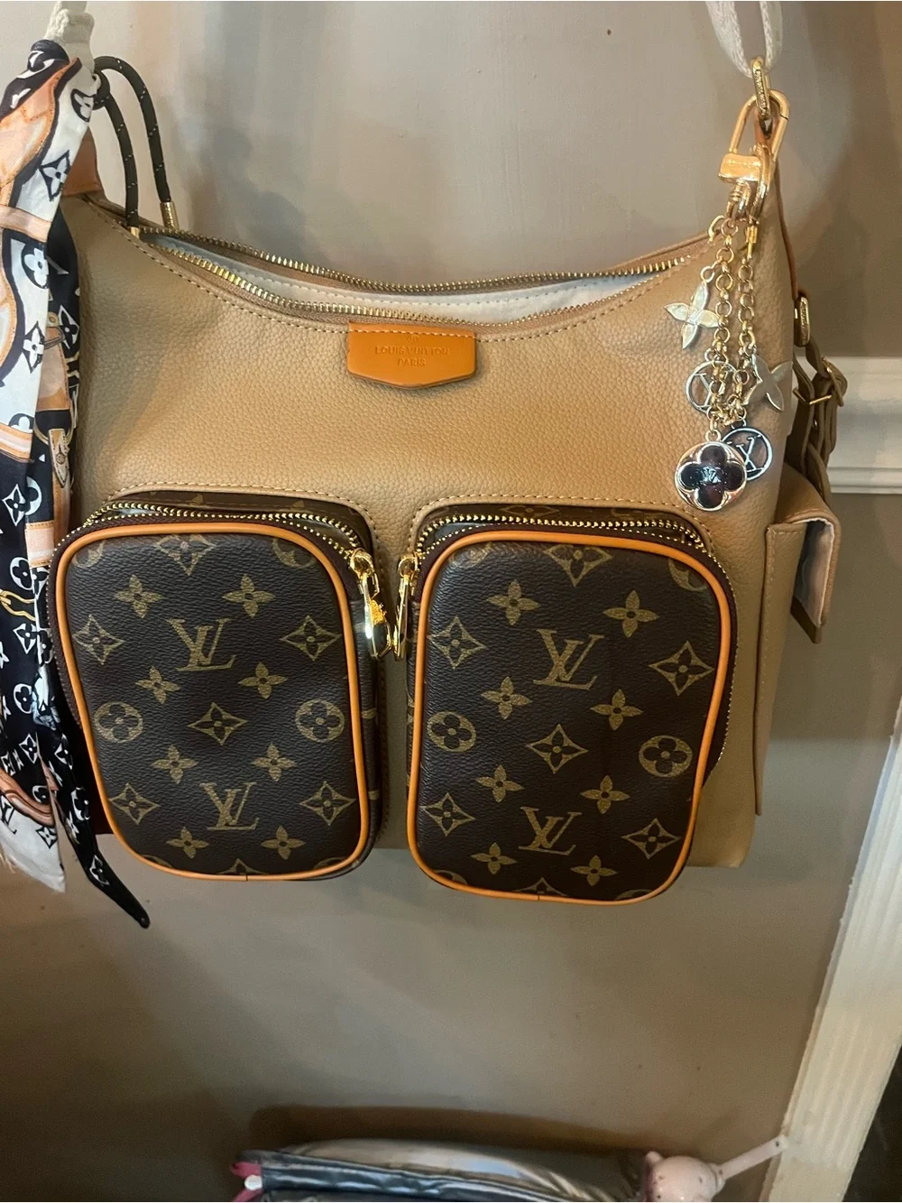 Louis Vuitton style  Tan Shoulder Bag with Monogram Front Pockets
